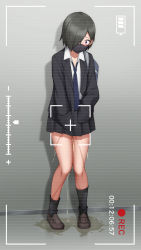 Rule 34 | 1girl, asymmetrical legwear, bag, black hair, black jacket, black legwear, black skirt, blue necktie, blush, brown footwear, collared shirt, constricted pupils, embarrassed, female focus, flat chest, full body, gradient background, grey background, hair over one eye, hands in pockets, highres, indoors, jacket, knees together feet apart, long sleeves, looking down, maanii, mask, miniskirt, mouth mask, necktie, one eye covered, open clothes, open jacket, original, pee, peeing, peeing self, pleated skirt, puddle, purple eyes, recording, school uniform, shirt, shoes, short hair, shoulder bag, simple background, skirt, socks, solo, standing, steam, tears, timestamp, uneven legwear, viewfinder, wet, wet clothes, white shirt, wide-eyed