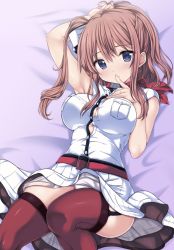Rule 34 | 10s, 1girl, arm behind head, armpits, bad id, bad twitter id, blue eyes, blush, bra, breast pocket, breasts, brown hair, commentary request, dress, finger to mouth, garter straps, hair between eyes, hand on own chest, impossible clothes, jewelry, kantai collection, large breasts, long hair, looking at viewer, nijimotohiro k, on bed, panties, pocket, red thighhighs, ring, saratoga (kancolle), side ponytail, solo, thighhighs, underwear, wedding band, white bra, white dress, white panties