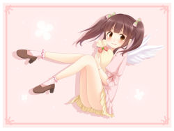 Rule 34 | 10s, 1girl, bag, brown eyes, brown hair, clover, commentary request, dress, four-leaf clover, hair ornament, high heels, idolmaster, idolmaster cinderella girls, ogata chieri, ruka (yzxx), sack, sitting, smile, solo, twintails, wings