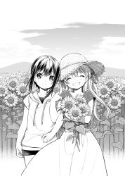 Rule 34 | 2girls, ^ ^, arm at side, blush, bouquet, casual, closed eyes, closed mouth, collarbone, cowboy shot, day, drawstring, facing viewer, field, floating hair, flower, flower field, greyscale, hair ribbon, halftone, hands up, happy, hat, hatching (texture), heads together, highres, holding, holding bouquet, hood, hood down, hoodie, leaf, light particles, linear hatching, locked arms, long hair, long skirt, looking at viewer, minagi hiyori, minagi koharu, monochrome, mountainous horizon, multiple girls, nature, official art, open mouth, outdoors, ribbon, scenery, shade, shirt, shirt tucked in, short hair, short sleeves, shorts, side-by-side, sidelocks, skirt, sky, slow loop, smile, split mouth, standing, step-siblings, straight-on, straw hat, sun hat, sunflower, sunflower field, two side up, uchino maiko