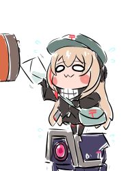Rule 34 | 1girl, :3, arm up, black jacket, blonde hair, blush stickers, chibi, chika (keiin), commentary request, dinergate (girls&#039; frontline), girls&#039; frontline, gloves, hair between eyes, hat, headgear, highres, holding, holding letter, jacket, letter, long hair, long sleeves, looking ahead, m4 sopmod ii jr, mailbag, mailbox (incoming mail), multicolored hair, non-humanoid robot, red hair, robot, simple background, smile, streaked hair, trembling, white background