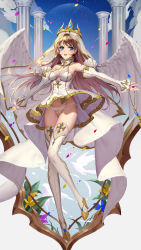 Rule 34 | 1girl, :d, angel wings, armpits, artist name, bare shoulders, blue eyes, blue sky, boots, breasts, brown hair, cleavage, cloud, column, crown, day, detached sleeves, dress, feathered wings, frilled sleeves, frills, groin, high heel boots, high heels, highres, holding, holding jewelry, holding necklace, itoucon, jewelry, unworn jewelry, leg up, lingerie, long hair, looking at viewer, medium breasts, navel, necklace, unworn necklace, open mouth, original, outdoors, outstretched arm, panties, pantyshot, partially visible vulva, pendant, petals, pillar, see-through, shiny skin, sky, smile, solo, standing, standing on one leg, swept bangs, thigh boots, thighhighs, thighs, underwear, upskirt, veil, very long hair, white dress, white footwear, white panties, white wings, wind, wind lift, wings