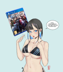 Rule 34 | 1girl, absurdres, avengers (series), bikini, black bikini, black hair, blue background, blue hair, blush, breasts, colored inner hair, damobelmont, fanning face, fanning self, game console, highres, hot, large breasts, lips, looking at viewer, marvel, medium hair, micro bikini, multicolored hair, navel, open mouth, original, personification, pink lips, playstation 4, product girl, simple background, solo, sony, speech bubble, stomach, strap gap, sweat, swimsuit, underboob, video game