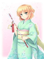 Rule 34 | 1girl, arrok, arrow (projectile), blonde hair, charm, ema, floral print, green eyes, isaki (gomi), japanese clothes, kimono, long sleeves, looking at viewer, mizuhashi parsee, obi, pointy ears, sash, smile, solo, tanzaku, textless version, touhou, wide sleeves