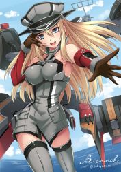 Rule 34 | 10s, 1girl, armor, artist name, bare shoulders, battleship, bismarck (kancolle), blonde hair, blue eyes, blue sky, breastplate, breasts, character name, day, detached sleeves, gloves, hand on headwear, hat, kantai collection, large breasts, long hair, looking at viewer, military, military hat, military uniform, military vehicle, ocean, outdoors, outstretched arm, peaked cap, sakiyamama, ship, sky, solo, thighhighs, uniform, warship, watercraft