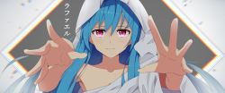 Rule 34 | 1other, androgynous, blue hair, dotonburi, expressionless, fictional persona, grey background, hair between eyes, hands up, hood, japanese text, long hair, looking at viewer, outstretched arms, raphael (tensei shitara slime datta ken), red eyes, rimuru tempest, robe, tensei shitara slime datta ken, translated, white hood, white robe