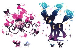 Rule 34 | bird, black ribbon, blank eyes, chandelure, charamells, cosmog, creature, creatures (company), crescent, espeon, fire, fire, floating, flying, full body, fusion, galarian form, galarian moltres, game freak, gen 2 pokemon, gen 5 pokemon, gen 7 pokemon, gen 8 pokemon, legendary pokemon, looking at viewer, multiple fusions, nintendo, no humans, pink eyes, pink fire, pokemon, pokemon (creature), purple fire, ribbon, simple background, sparkle, standing, star (sky), white background, yellow eyes