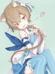 Rule 34 | 10s, 1boy, :p, abechosu, animal ears, arm ribbon, bare shoulders, blue background, blue bow, blue dress, blue ribbon, blue thighhighs, bob cut, bolo tie, bow, brown hair, cat boy, cat ears, choker, closed mouth, collarbone, commentary, cross-laced clothes, detached sleeves, diagonal stripes, dress, dress bow, eyelashes, felix argyle, frilled dress, frills, hair between eyes, hair bow, hair ribbon, half-closed eyes, head tilt, heart, highres, holding own tail, jewelry, knees together feet apart, lace, lace-trimmed dress, lace-trimmed sleeves, lace trim, large bow, layered dress, looking at viewer, male focus, no legwear, orange eyes, parted bangs, pendant, raised eyebrows, re:zero kara hajimeru isekai seikatsu, ribbon, short dress, short eyebrows, short hair, simple background, sitting, slit pupils, solo, spaghetti strap, spoken heart, striped bow, striped clothes, striped dress, striped ribbon, striped thighhighs, tail, thick eyebrows, thighhighs, tongue, tongue out, trap, vertical-striped clothes, vertical-striped dress, vertical-striped thighhighs, white bow, white dress