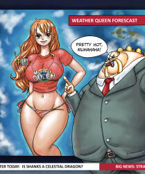 Rule 34 | 1boy, 1girl, age difference, alternate costume, bald, belt, bikini, bikini bottom only, bikini under clothes, blonde hair, breasts, business suit, cigar, curvy, earrings, facial hair, fake screenshot, fat, fat man, formal, groin, iury padilha, jewelry, large breasts, long hair, mustache, name connection, nami (one piece), navel, necktie, official alternate costume, one piece, open mouth, orange eyes, orange hair, parody, queen (one piece), shirt, side-tie bikini bottom, smile, stomach, suit, swimsuit, teeth, thighs, thong, thong bikini, tongue, very long hair, wide hips