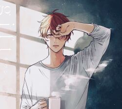 Rule 34 | 1boy, album cover, bishounen, cover, cup, english text, given, hand on own head, highres, kizu natsuki, long sleeves, male focus, mug, official art, open mouth, red eyes, red hair, satou mafuyu, second-party source, solo, steam, sunlight, sweater, white sweater, window shadow
