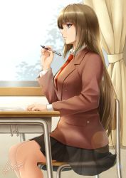 Rule 34 | 1girl, black skirt, blazer, blue eyes, brown hair, brown jacket, chair, collared shirt, commentary request, curtains, desk, from side, holding, holding pencil, jacket, lioreo, long hair, mechanical pencil, notebook, original, pencil, pink lips, pleated skirt, red neckwear, school chair, school desk, shirt, signature, sitting, skirt, themis (lioreo), uniform, white shirt, window
