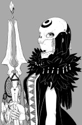 Rule 34 | 1girl, absurdres, bare arms, black hair, closed mouth, feather boa, finger cots, flying witch, from side, greyscale, highres, holding, holding scepter, ishizuka chihiro, kowata makoto, long hair, looking at viewer, mask, monochrome, official art, scepter, skull mask, smile, solo, upper body