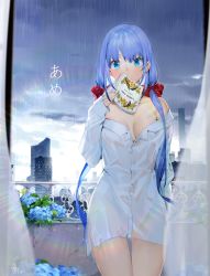 Rule 34 | 1girl, bare shoulders, blue eyes, blue flower, blue hair, book, bow, breasts, building, cloud, cloudy sky, collared shirt, covered mouth, curtains, dress shirt, eyebrows hidden by hair, flower, hair bow, highres, hydrangea, indoors, long hair, long sleeves, looking at viewer, low twintails, md5 mismatch, medium breasts, naked shirt, off shoulder, open book, original, rain, red bow, resolution mismatch, shirt, signature, sky, skyscraper, sleeves past wrists, solo, source larger, translation request, transparent, twintails, very long hair, white shirt, yamano (yamanoh)