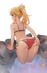 Rule 34 | 1girl, absurdres, ass, ass focus, bent over, bikini, blonde hair, breasts, butt crack, fate/apocrypha, fate/grand order, fate (series), green eyes, hair ornament, hair scrunchie, hand on own ass, highres, kiritzugu, long hair, looking at viewer, looking back, mordred (fate), mordred (fate/apocrypha), mordred (swimsuit rider) (first ascension) (fate), onsen, ponytail, raised eyebrows, rubber duck, scrunchie, side-tie bikini bottom, sidelocks, solo, swimsuit, thighs, wading, water