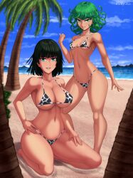 Rule 34 | 2girls, animal print, ankle strap, armpits, arms up, artist name, ass, bare legs, bare shoulders, barefoot, beach, bikini, black hair, blue sky, breasts, cleavage, collarbone, covered navel, cow print, curly hair, curvy, feet, fubuki (one-punch man), full body, green eyes, green hair, highleg, highleg bikini, highres, huge ass, kneeling, large breasts, lips, looking at another, looking at viewer, matching hair/eyes, micro bikini, multiple girls, one-punch man, print bikini, rocky-ace, short hair, siblings, sisters, sky, small breasts, standing, swimsuit, tatsumaki, thighs, thong bikini, toes, water, wide hips