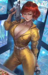 Rule 34 | 1girl, absurdres, april o&#039;neil, belt, blurry, blurry background, blush, breasts, brown eyes, dutch angle, food, highres, holding, holding microphone, jumpsuit, large breasts, lips, looking at viewer, microphone, no bra, nopeys, partially unzipped, pizza, red hair, short hair, smile, solo, teenage mutant ninja turtles, tv camera, watermark, yellow jumpsuit, zipper
