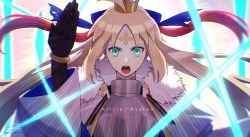 Rule 34 | 1girl, absurdres, ahoge, artoria caster (fate), artoria caster (third ascension) (fate), artoria pendragon (fate), blonde hair, blue ribbon, crown, facial mark, fate/grand order, fate (series), forehead mark, gon oekaki, green eyes, highres, looking at viewer, ribbon, signature, white background