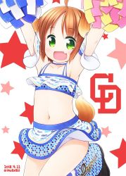 Rule 34 | 1girl, :d, \o/, ahoge, animal ears, arms up, bare shoulders, black footwear, blush, brown hair, cheerleader, collarbone, commentary request, crop top, dated, dog ears, dog girl, dog tail, fang, green eyes, holding, inuarashi, looking at viewer, meiko (inuarashi), navel, open mouth, original, outstretched arms, pom pom (cheerleading), shoes, skirt, smile, solo, standing, standing on one leg, star (symbol), tail, twitter username, white background