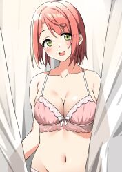Rule 34 | 1girl, :d, armpit crease, blunt bangs, blush, bra, breasts, collarbone, commentary, curtains, djpwjd1, green eyes, hair down, highres, lace, lace-trimmed bra, lace trim, lingerie, love live!, love live! nijigasaki high school idol club, medium breasts, navel, open mouth, pink bra, pink hair, short hair, smile, solo, swept bangs, symbol-only commentary, teeth, uehara ayumu, underwear, upper body, upper teeth only