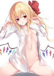 Rule 34 | 1girl, blonde hair, blush, bottomless, bow, breasts, child, collared shirt, convenient censoring, crystal, dress shirt, embarrassed, flandre scarlet, hair bow, hair ribbon, highres, kashiwagi yamine, kneeling, lolita fashion, long hair, naked shirt, navel, no bra, one side up, open clothes, open shirt, red eyes, red ribbon, ribbon, shirt, simple background, small breasts, solo, spread legs, touhou, w arms, white background, white shirt, wings