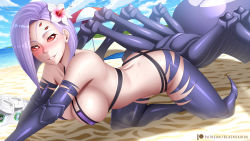 Rule 34 | 1girl, arachne, arthropod girl, ass, bare shoulders, beach, beach umbrella, bikini, blacksaikou, blue sky, blush, breasts, cloud, commentary, cup, day, disposable cup, english commentary, extra eyes, fang, flower, hair flower, hair ornament, insect girl, large breasts, light purple hair, looking at viewer, medium hair, mole, mole under eye, monster girl, monster musume no iru nichijou, no pupils, outdoors, parted lips, patreon username, rachnera arachnera, red eyes, sand, sky, smile, solo, spider girl, starbucks, string bikini, sweat, swimsuit, taur, umbrella
