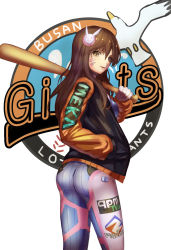 Rule 34 | 1girl, ass, baseball bat, brown eyes, brown hair, cowboy shot, d.va (overwatch), facial mark, from side, hair ornament, hand in pocket, highres, holding, holding baseball bat, jacket, long hair, looking at viewer, overwatch, overwatch 1, pilot suit, rabbit hair ornament, solo, tesin (7aehyun), whisker markings