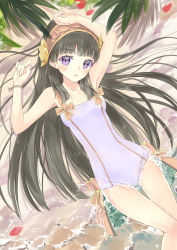 Rule 34 | 1girl, absurdres, armpits, atelier (series), atelier shallie, bare arms, bare legs, beach, black hair, blue eyes, blush, breasts, casual one-piece swimsuit, collarbone, day, from above, hair over shoulder, headdress, highres, long hair, looking at viewer, lying, miyama leaves, on back, one-piece swimsuit, open mouth, outdoors, purple eyes, shallistera (atelier), sketch, small breasts, solo, swimsuit, thigh gap, very long hair, white one-piece swimsuit