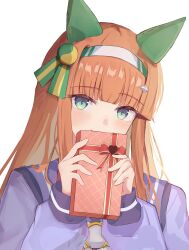 Rule 34 | 1girl, absurdres, animal ears, blush, box, closed mouth, commentary request, ear covers, gift, gift box, green eyes, hairband, highres, holding, holding box, horse ears, horse girl, kaedemaru, long hair, long sleeves, looking at viewer, orange hair, school uniform, silence suzuka (umamusume), simple background, smile, solo, tracen school uniform, umamusume, upper body, valentine, white background, white hairband
