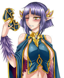 Rule 34 | 1girl, bare shoulders, basilisk (monster girl encyclopedia), blush, breasts, feathers, female focus, groin, hair ornament, highres, jewelry, lamia, large breasts, mask, midriff, monster girl, monster girl encyclopedia, monster girl encyclopedia ii, navel, one eye closed, parted lips, pointy ears, purple hair, sanmoto gorouzaemon, short hair, sideboob, silver hair, simple background, slit pupils, solo, unworn mask, upper body, white background, yellow eyes