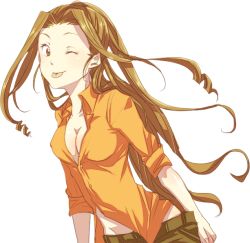 Rule 34 | 1girl, breasts, brown eyes, brown hair, cleavage, digimon, aged up, one eye closed, orange shirt, shirt, solo, tachikawa mimi, transparent background
