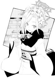 Rule 34 | 10mo, 1girl, :p, blue archive, blush, commentary request, fireworks, flower, fur-trimmed kimono, fur trim, greyscale, hair flower, hair ornament, halo, highres, holding, holding fireworks, japanese clothes, kimono, long sleeves, looking at viewer, monochrome, mutsuki (blue archive), mutsuki (new year) (blue archive), obi, pointy ears, sash, simple background, smile, solo, tongue, tongue out, upper body, wide sleeves