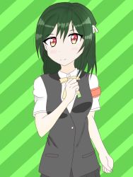Rule 34 | 1girl, aqua shirt, armband, artist name, artist request, black hair, black vest, blue hair, bow, bowtie, breasts, buttons, clenched hand, collared shirt, dark blue hair, dark green hair, green background, hair between eyes, hair bow, hair ribbon, looking at viewer, love live!, love live! nijigasaki high school idol club, mifune shioriko, neck ribbon, nijigasaki academy school uniform, orange eyes, parted lips, red armband, red eyes, ribbon, school uniform, shirt, short hair, short sleeves, small breasts, smile, solo, striped, striped background, sweater vest, upper body, vest, white shirt, yellow bow, yellow ribbon