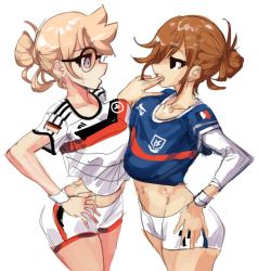 Rule 34 | 2girls, asymmetrical docking, black eyes, blonde hair, blue shirt, breast press, breasts, brown hair, cowboy shot, crop top, fifa, finger in another&#039;s mouth, glasses, grey eyes, hair bun, hand on own hip, large breasts, layered sleeves, long sleeves, maddoxfanx, midriff, multiple girls, open mouth, print shirt, print shorts, profile, shirt, short over long sleeves, short sleeves, shorts, simple background, single hair bun, soccer uniform, sportswear, striped clothes, striped shirt, sweatdrop, white background, white shirt, white shorts