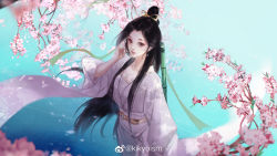Rule 34 | 1girl, absurdres, bamboo, black hair, branch, cherry blossoms, chinese clothes, closed mouth, earrings, hair bun, hair tie, hand in own hair, hanfu, highres, huang rong (she diao ying xiong zhuan), jewelry, kikyoism, long hair, looking to the side, necklace, she diao ying xiong zhuan, smile, solo, upper body, water