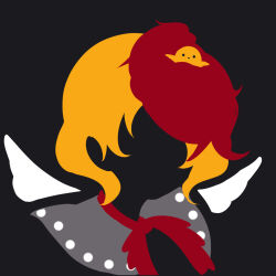 Rule 34 | 1girl, animal, animal on head, bird, bird on head, bird wings, black background, blending, blonde hair, chick, faceless, flat color, highres, limited palette, maskin mei, minimalism, multicolored hair, niwatari kutaka, no lineart, on head, portrait, red hair, silhouette, simple background, solo, touhou, two-tone hair, wings