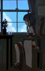Rule 34 | 10s, 1girl, amagai tarou, black hair, bottle, calendar, calendar (object), chair, dark, day, detached sleeves, expressionless, from side, geta, hair ornament, hands on lap, indoors, japanese clothes, kantai collection, nontraditional miko, plant, potted plant, profile, red eyes, red skirt, shade, short hair, sitting, skirt, sky, solo, tabi, table, twitter username, window, wooden floor, yamashiro (kancolle)