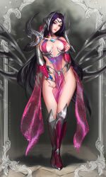 Rule 34 | 1girl, armored boots, black background, black hair, boots, breasts, closed mouth, detached sleeves, full body, grabbing own breast, hand up, highres, irelia, knee boots, large breasts, league of legends, merellyne, parted bangs, purple hair, smile, solo, standing, thighs, watermark, web address