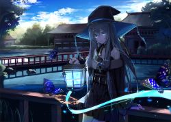 Rule 34 | 1girl, absurdres, architecture, backlighting, blue eyes, blue theme, braid, bridal gauntlets, bridge, bug, butterfly, cloud, cowboy shot, dark, detached collar, detached sleeves, east asian architecture, fantasy, hat, head tilt, highres, holding, holding lantern, huge filesize, bug, lantern, leaning back, light particles, long hair, looking at viewer, magic, mikisai, obi, original, pleated skirt, pond, railing, rope, sash, shimenawa, side braid, sidelocks, silver hair, skirt, sky, smile, solo, sunrise, temple, tomoshibi no majo, tree, two-sided fabric, two-sided headwear, witch, witch hat