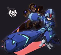 Rule 34 | 2boys, android, arm cannon, armor, blue armor, blue headwear, emblem, facial mark, forehead jewel, from behind, glowing, gold armor, gold headwear, helmet, highres, joints, looking at viewer, male focus, mega man (series), mega man x (series), mega man x dive, multiple boys, official alternate costume, on one knee, red eyes, shoulder armor, shoyu-z, simple background, weapon, x-kai (mega man), x (mega man)