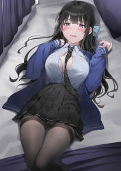 Rule 34 | 1girl, absurdres, bed, between breasts, black hair, black panties, black pantyhose, black skirt, blazer, blue jacket, blunt bangs, blush, bra, bra visible through clothes, breasts, button gap, cleavage, collarbone, collared shirt, curtains, dutch angle, embarrassed, feet out of frame, hands up, highres, indoors, jacket, large breasts, legs together, long hair, long sleeves, lying, miniskirt, mole, mole under eye, necktie, necktie between breasts, on back, open clothes, open mouth, open shirt, original, panties, panties under pantyhose, pantyhose, pantyshot, pleated skirt, purple eyes, see-through, shirt, shirt tucked in, skirt, sleeves past wrists, solo, striped necktie, tareme, tented shirt, thigh gap, thighband pantyhose, thighs, underwear, very long hair, wavy hair, wavy mouth, white shirt, xretakex