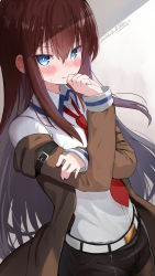 Rule 34 | 1girl, 3:, belt, black shorts, blue eyes, blush, bright pupils, brown coat, brown hair, brown pantyhose, closed mouth, coat, collared shirt, colored inner hair, cowboy shot, dated, grey hair, hand on own arm, hand on own face, highres, pantyhose under shorts, long hair, long sleeves, makise kurisu, multicolored hair, necktie, off shoulder, open clothes, open coat, pantyhose, red necktie, shirt, short shorts, shorts, signature, solo, steins;gate, umino hotate, v-shaped eyebrows, very long hair, white shirt
