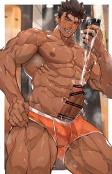 Rule 34 | 1boy, abs, bar censor, bara, blush, censored, clothing aside, covered testicles, cum, dark-skinned male, dark skin, ejaculation, erection, feet out of frame, gluteal fold, highres, holding, holding phone, large pectorals, long sideburns, male focus, male underwear, male underwear aside, male underwear pull, muscular, muscular male, navel, navel hair, nikism, nipples, orange male underwear, original, pectorals, penis, phone, projectile cum, pulled by self, short hair, sideburns, solo, spiked hair, stomach, sweat, textless version, thick eyebrows, thick thighs, thighs, topless male, underwear, underwear only, veins, veiny penis