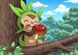 Rule 34 | apple, bad id, bad pixiv id, chespin, closed eyes, cloud, commentary request, creatures (company), day, eating, food, fruit, game freak, gen 6 pokemon, highres, holding, holding food, holding fruit, leaf, nintendo, open mouth, outdoors, pokemon, pokemon (creature), sitting, sky, solo, teeth, tongue, tree, yukari (yukari21653710)