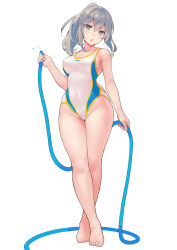 Rule 34 | 1girl, bad id, bad pixiv id, bare shoulders, barefoot, blush, breasts, cleavage, collarbone, commentary request, competition swimsuit, covered navel, full body, green eyes, grey hair, hair between eyes, highleg, highleg swimsuit, highres, hose, kekemotsu, legs, long hair, looking at viewer, medium breasts, medium hair, one-piece swimsuit, open mouth, original, ponytail, revision, simple background, solo, standing, swimsuit, white background, white one-piece swimsuit