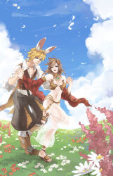 Rule 34 | 1boy, 1girl, animal ears, baggy pants, bikini, blonde hair, blue eyes, blue flower, blue sky, boots, breasts, brown footwear, brown hair, brown pants, brown vest, closed mouth, cloud, clown (ragnarok online), coattails, collared shirt, commentary, commission, day, detached sleeves, english commentary, feathers, field, flower, flower field, full body, gem, green eyes, green gemstone, gypsy (ragnarok online), hair between eyes, hair ornament, harem pants, heart, heart hair ornament, hetero, holding hands, jewelry, long hair, navel, necklace, open mouth, outdoors, pansy, pants, rabbit ears, ragnarok online, red flower, red sleeves, sandals, sequins, shilin, shirt, short hair, sky, small breasts, smile, strapless, strapless bikini, swimsuit, vest, white flower, white pants, white shirt, yellow bikini