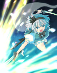 Rule 34 | 1girl, blue eyes, bow, commentary request, dress, dual wielding, flower, glowing, hairband, haniwa (leaf garden), highres, holding, holding sword, holding weapon, konpaku youmu, konpaku youmu (ghost), looking at viewer, open mouth, perfect cherry blossom, puffy short sleeves, puffy sleeves, sheath, shoes, short hair, short sleeves, silver hair, solo, sword, touhou, weapon