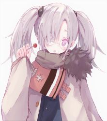 Rule 34 | 1girl, :o, bad id, bad pixiv id, blue jacket, blush, brown scarf, buran (kure), candy, food, fur-trimmed jacket, fur trim, girls&#039; frontline, glasses, grey hair, grey jacket, hair over one eye, hand up, head tilt, highres, hk21 (girls&#039; frontline), holding, holding candy, holding food, holding lollipop, jacket, lollipop, long hair, long sleeves, looking at viewer, open clothes, open jacket, parted lips, pinching sleeves, purple eyes, revision, round eyewear, scarf, sidelocks, simple background, sleeves past wrists, solo, twintails, upper body, white background