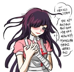 Rule 34 | 1girl, apron, bags under eyes, bandaged arm, bandages, black eyes, blunt bangs, blush, breasts, danganronpa (series), danganronpa 2: goodbye despair, floating hair, grey background, hands on own chest, highres, long hair, looking at viewer, no (xpxz7347), open mouth, own hands together, pink shirt, puffy short sleeves, puffy sleeves, shirt, short sleeves, simple background, small breasts, solo, thought bubble, translation request, tsumiki mikan, upper body, white apron, white background