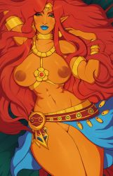 Rule 34 | 1girl, armlet, big hair, blue lips, bracelet, breastless clothes, breasts, breasts apart, colored skin, curvy, dark-skinned female, dark areolae, dark skin, eyeshadow, forehead jewel, gerudo, green eyes, hair down, highres, jewelry, large areolae, lips, lipstick, long hair, lying, makeup, medium breasts, milkcubusss, narrow waist, navel, neck ring, necklace, nintendo, nipples, no panties, on back, orange skin, pointy ears, pussy, sarong, solo, the legend of zelda, the legend of zelda: breath of the wild, thick eyebrows, thick thighs, thighs, toned, urbosa, very long hair