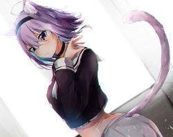 Rule 34 | 1girl, absurdres, ahoge, animal ear fluff, animal ears, bad id, bad pixiv id, black choker, black hairband, black shirt, blue hair, cat ears, cat girl, cat tail, choker, closed mouth, clothing cutout, colored inner hair, commentary request, cropped shirt, dutch angle, from side, hair between eyes, hairband, hand up, highres, hololive, long sleeves, looking at viewer, looking to the side, medium hair, midriff, multicolored hair, nanashinayuzu mochi, nekomata okayu, nekomata okayu (casual), purple eyes, purple hair, shirt, skirt, solo, tail, tail through clothes, two-tone hair, virtual youtuber, white skirt